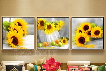 Bộ 3 bức tranh hoa hướng dương, trang trí tường tăng cường khí vượng phong thủy