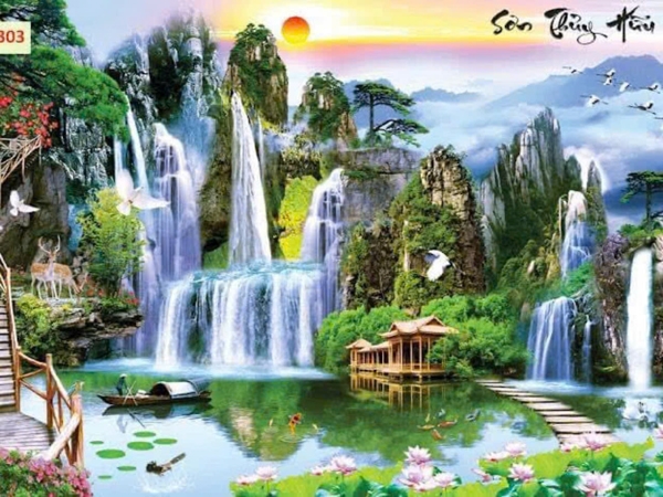 Điểm đến nghệ thuật trang trí nội thất hiện đại tranh dán tường sơn thủy hữu tình phòng khách đẹp