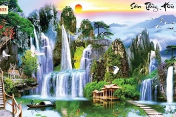 Điểm đến nghệ thuật trang trí nội thất hiện đại tranh dán tường sơn thủy hữu tình phòng khách đẹp
