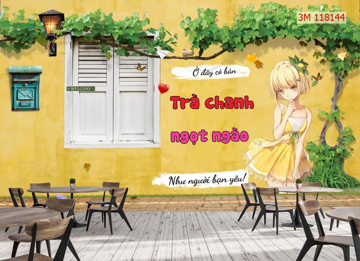 Điểm nhấn tranh dán tường quán trà chanh trang trí cát tường