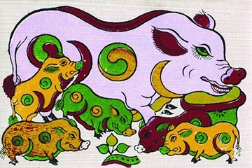 Nghệ thuật trang trí tranh đông hồ đàn lợn âm dương hạnh phúc thịnh vượng