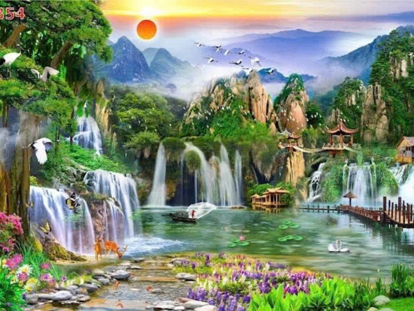 Tô điểm không gian phòng khách trang trí tranh dán tường sơn thủy hữu tình với nhiều ý nghĩa