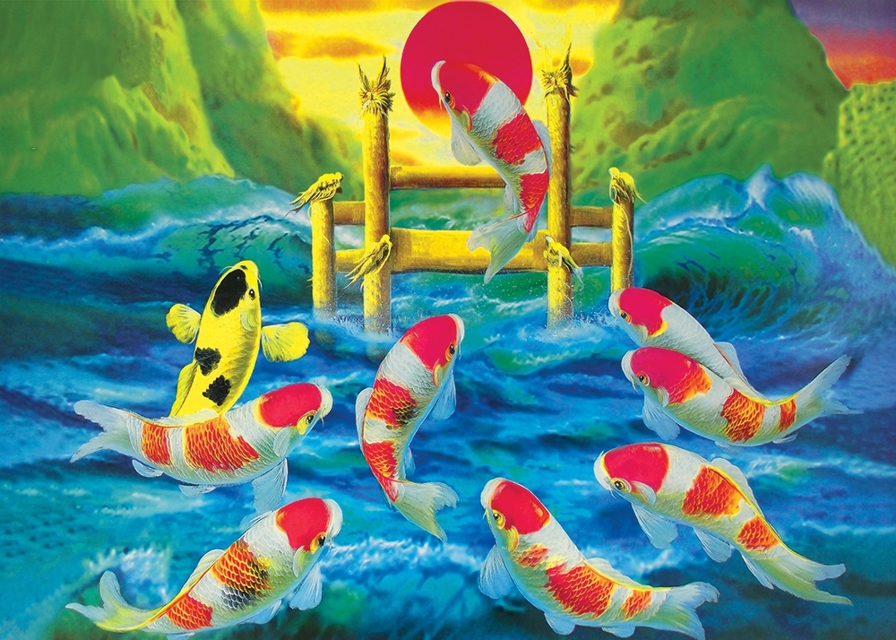 Treo tranh cá chép vượt vũ môn xuân canh tý 2020 gia đình sung túc, con đàn cháu đống
