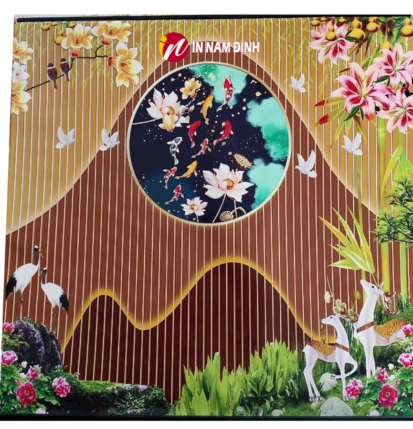 Tranh dán tường khổ lớn phòng khách mẫu tranh hươu và hoa mẫu đơn mang ý nghĩa trang trí độc đáo