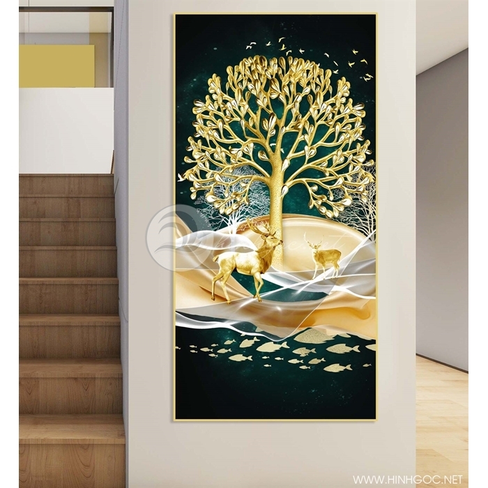 Tranh đôi hươu và lá vàng treo tường thể hiện sức sống tuần lộc của mùa xuân canh tý 2020