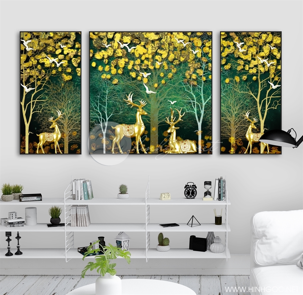 Tranh hươu treo phòng khách ý nghĩa trường thọ, lộc tài
