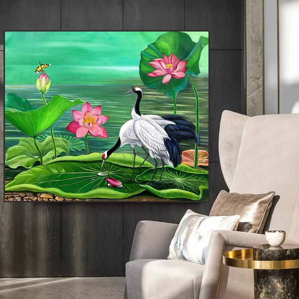 Tranh treo tường, Ý nghĩa tranh sen hạc, cách treo tranh sen hạc chuẩn phong thủy