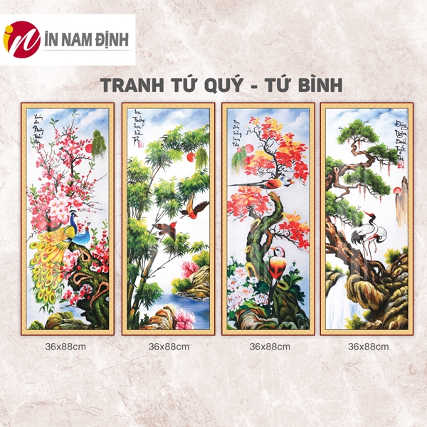 Tranh tứ quý hạc nghệ thuật trang trí ý nghĩa may mắn thịnh vượng