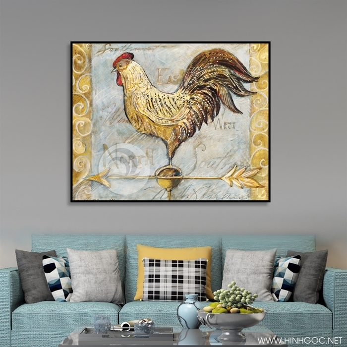 What is the symbolic meaning of the rooster and peony flower in the painting Tranh gà trống và hoa mẫu đơn?