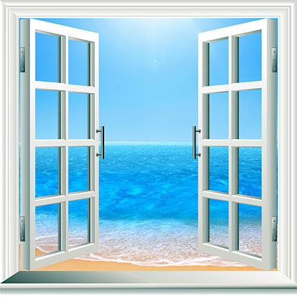 tranh dán tường 3d khung cửa sổ biển đẹp