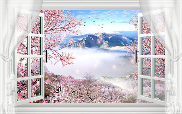 tranh dán tường 3d cửa sổ hoa anh đào và mây trắng đẹp