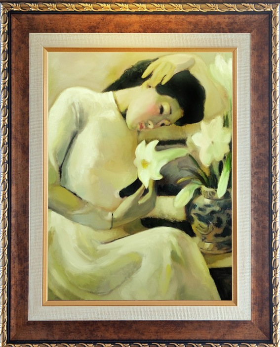 tranh sơn dầu thiếu nữ bên hoa huệ chuẩn đẹp sắc nét