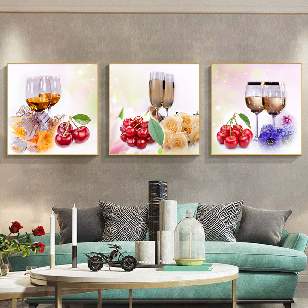 tranh treo phòng ăn hoa quả và ly rượu vang