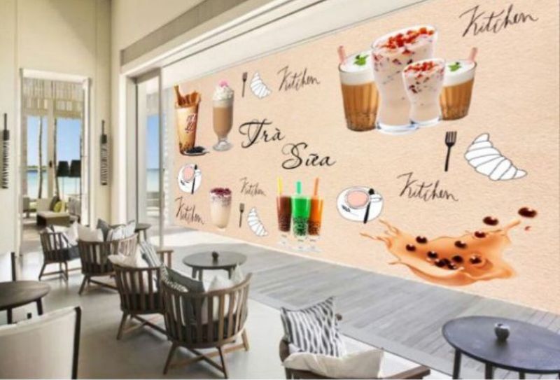Tranh dán tường 3D quán trà sữa giúp cửa hàng che lấp các khuyết điểm ở trên tường tạo vị trí chụp ảnh có view đẹp