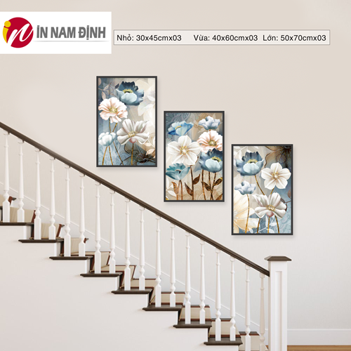 Tranh treo cầu thang bộ 3 bức bông hoa nở