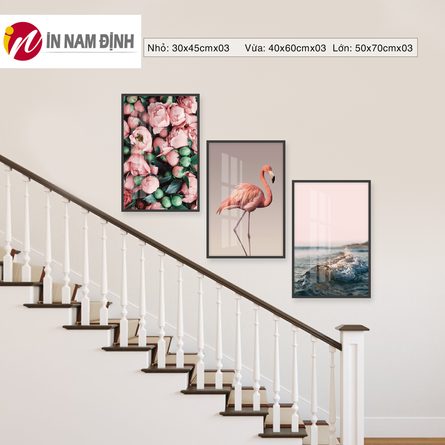 Tranh treo cầu thang bộ 3 bức tranh chim hồng hạc