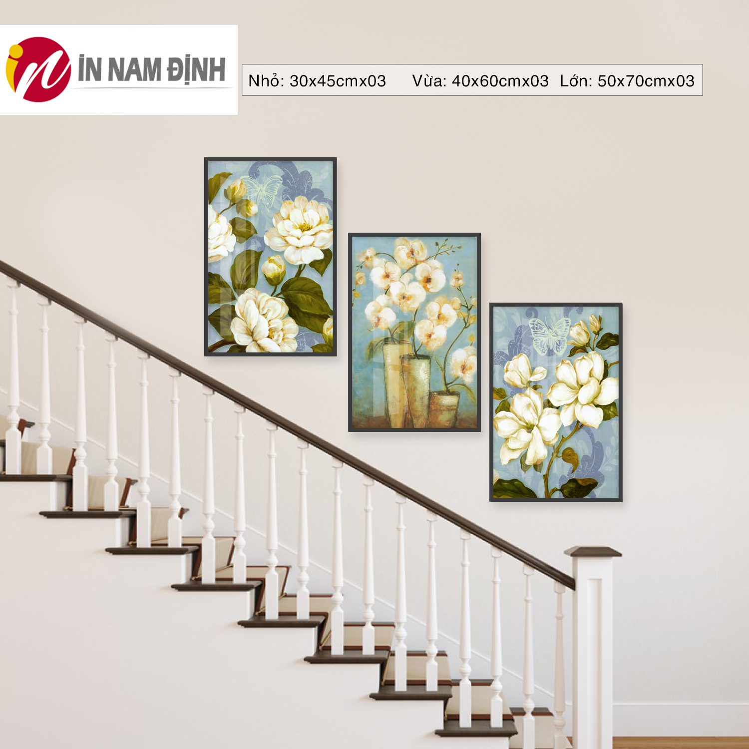 Tranh treo cầu thang bộ 3 bức tranh lọ hoa lan