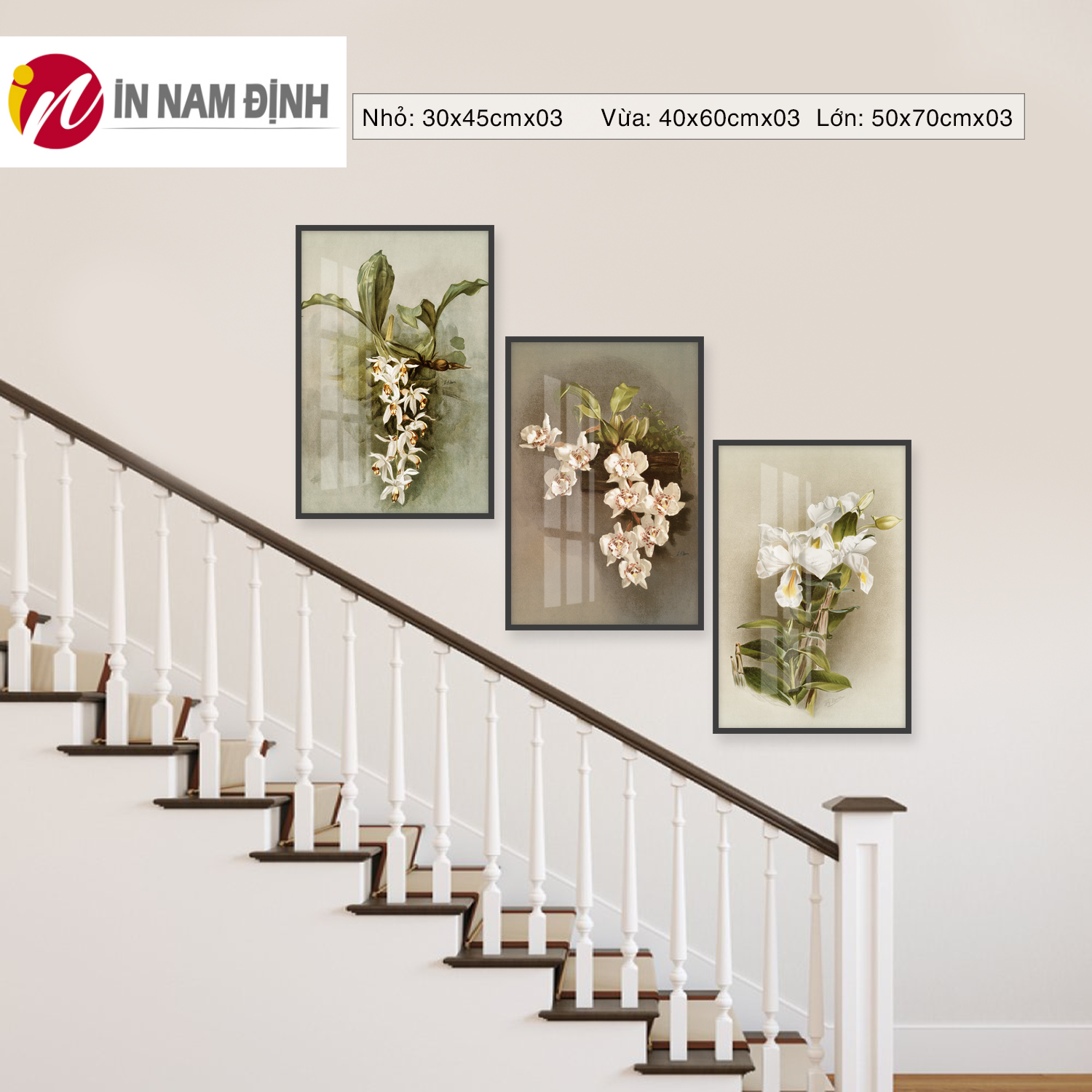 Tranh treo cầu thang bộ 3 bức tranh hoa lan