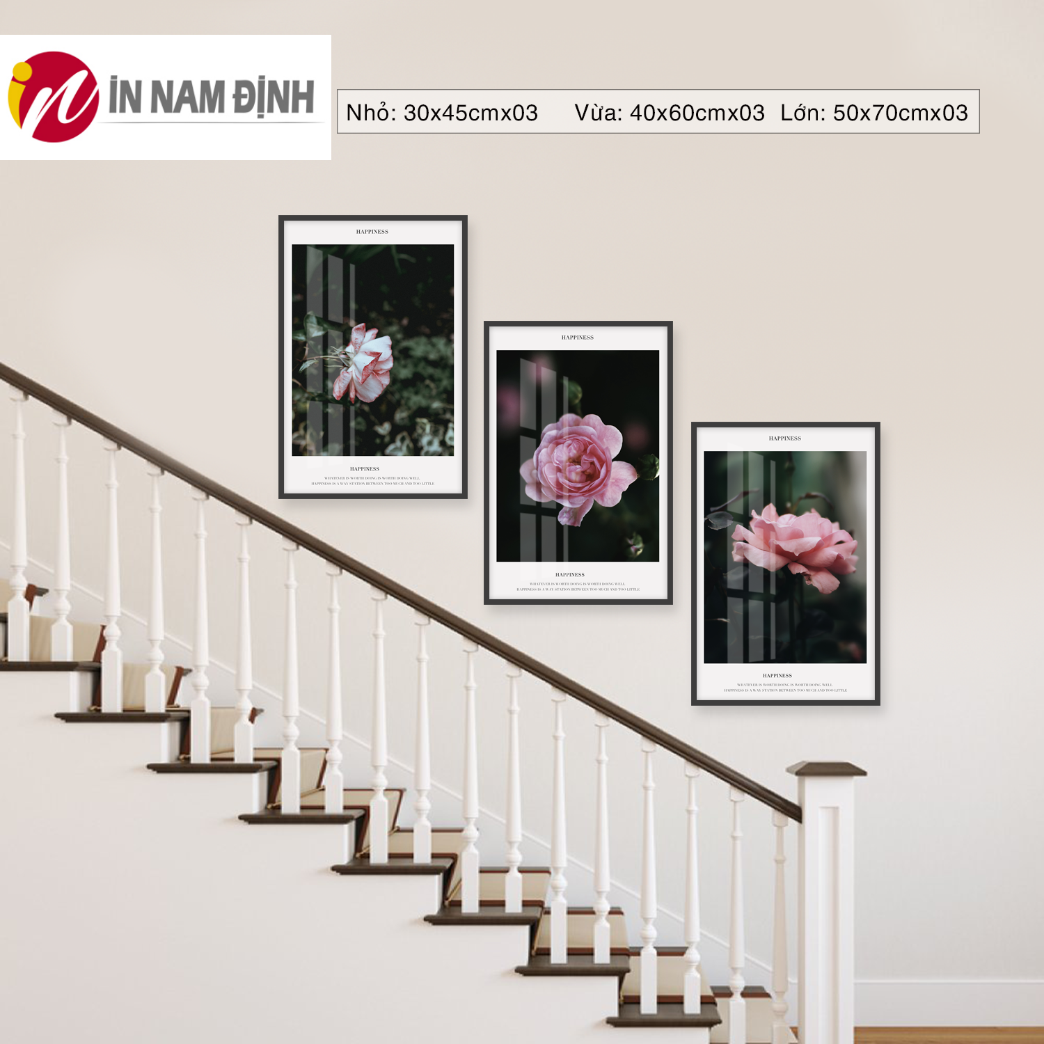 Tranh treo cầu thang bộ 3 bức tranh hoa hồng