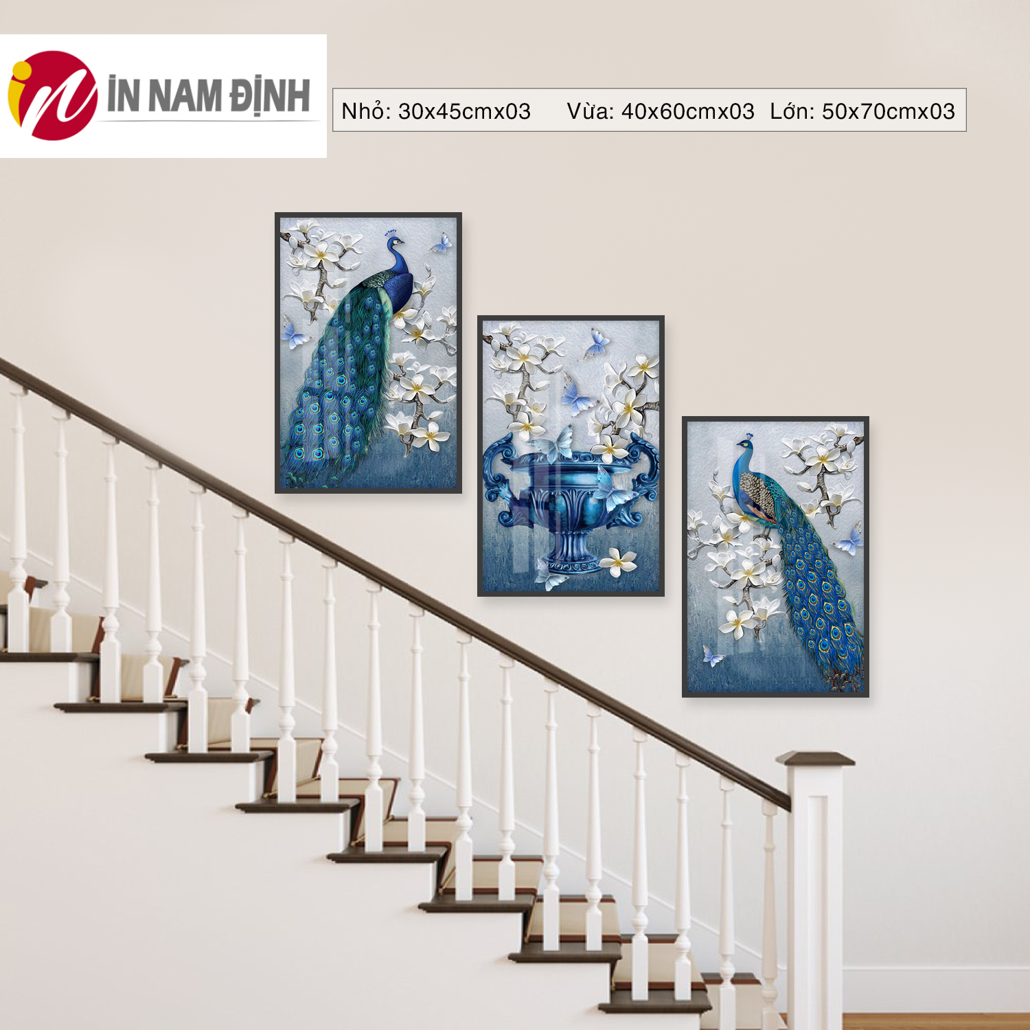 Tranh treo cầu thang bộ 3 bức tranh chim công và hoa lan