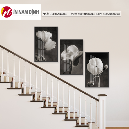 Tranh treo cầu thang bộ 3 bức hoa tulip trắng