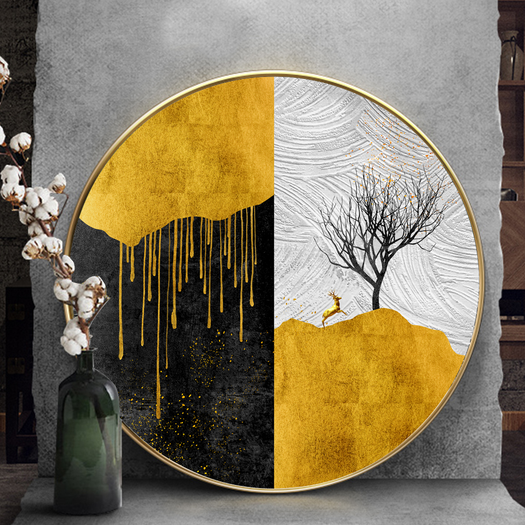 Tranh tròn trừu tượng hươu vàng và cây