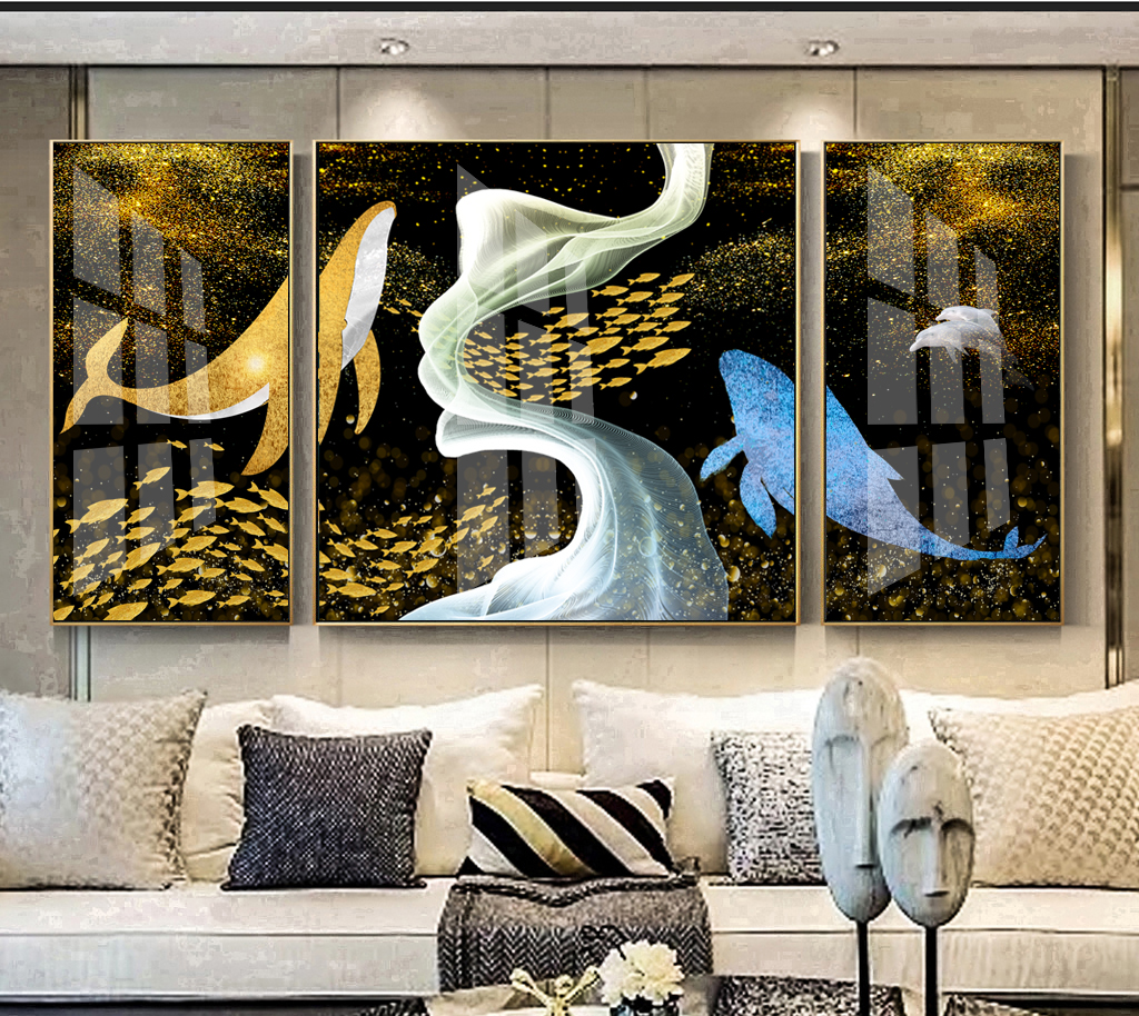 Bộ 3 tranh trừu tượng cá voi cùng đàn cá vàng